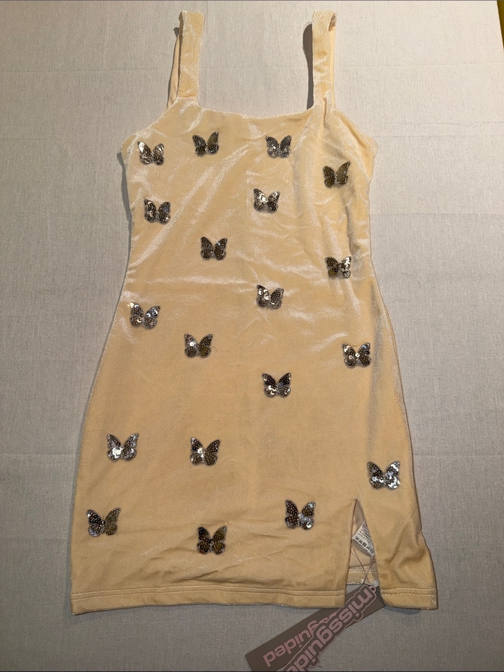 Butterfly Sequin Mini Dress in Pale Yellow
